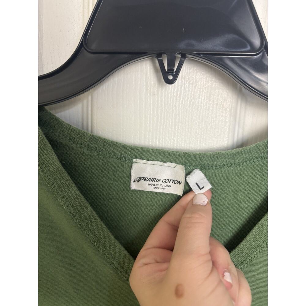 Prairie Cotton Green V-Neck Abstract Long Sleeve Top L Pocket USA Made Minimal - Picture 3 of 7